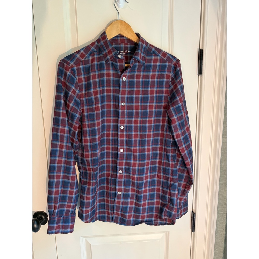 Vineyard Vines Tech Twill Plaid Shirt Mens XS Burgundy Blue Hidden Collar Button - Picture 2 of 8